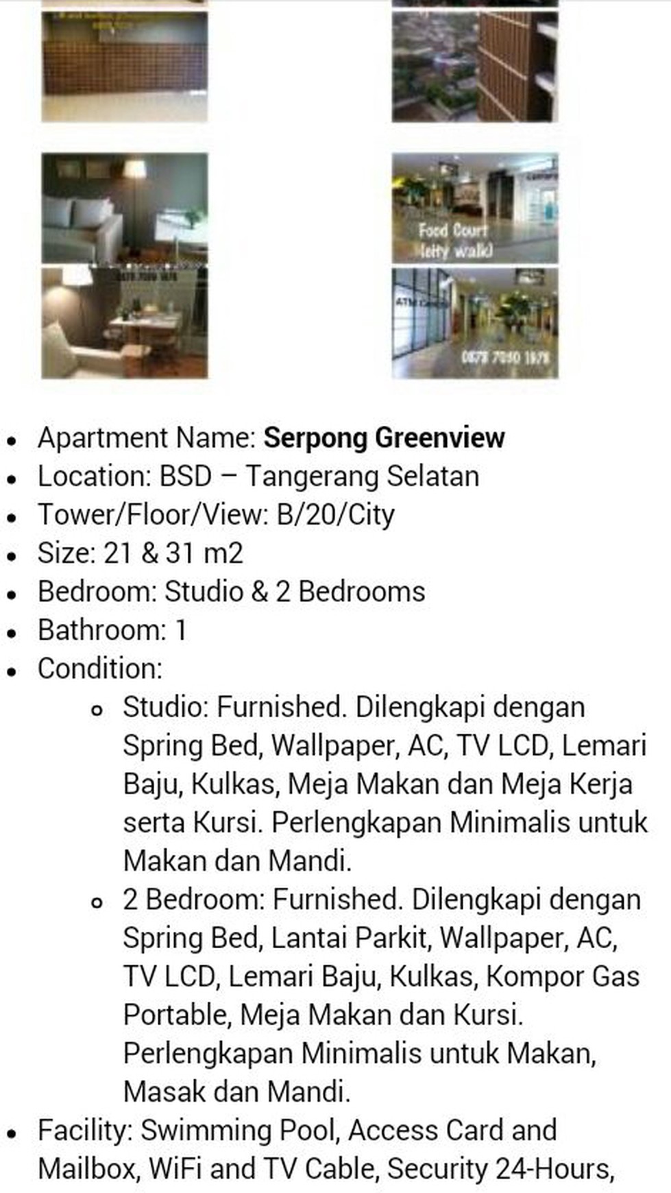 Apartment Sky View Studio Type, BSD