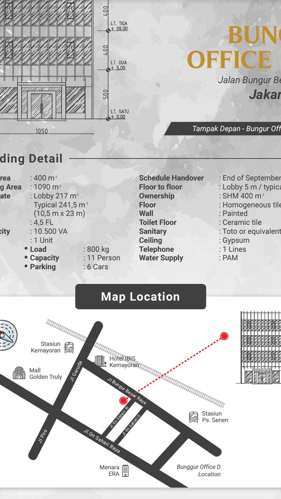 Ruko Bungur Besar ada lif unit, Luas 400m2
