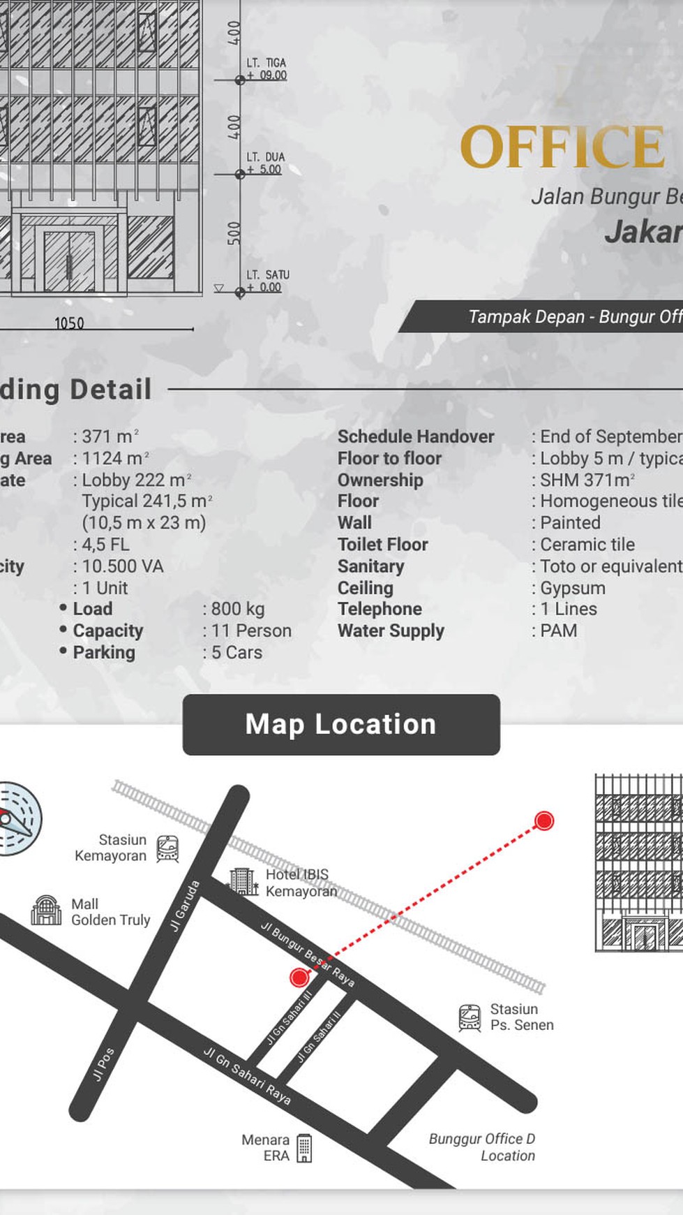 Ruko Bungur Besar ada lift unit, Luas 371m2
