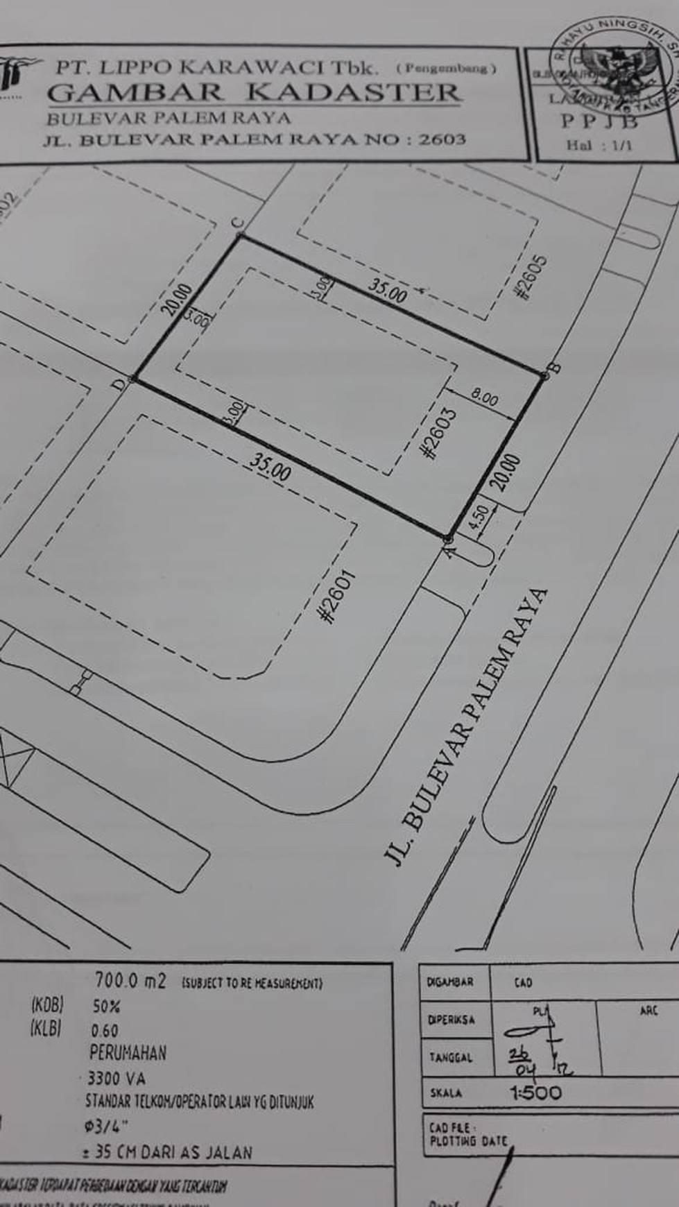 Dijual Tanah di Jl. Boulevard Palem Raya - Lippo Karawaci