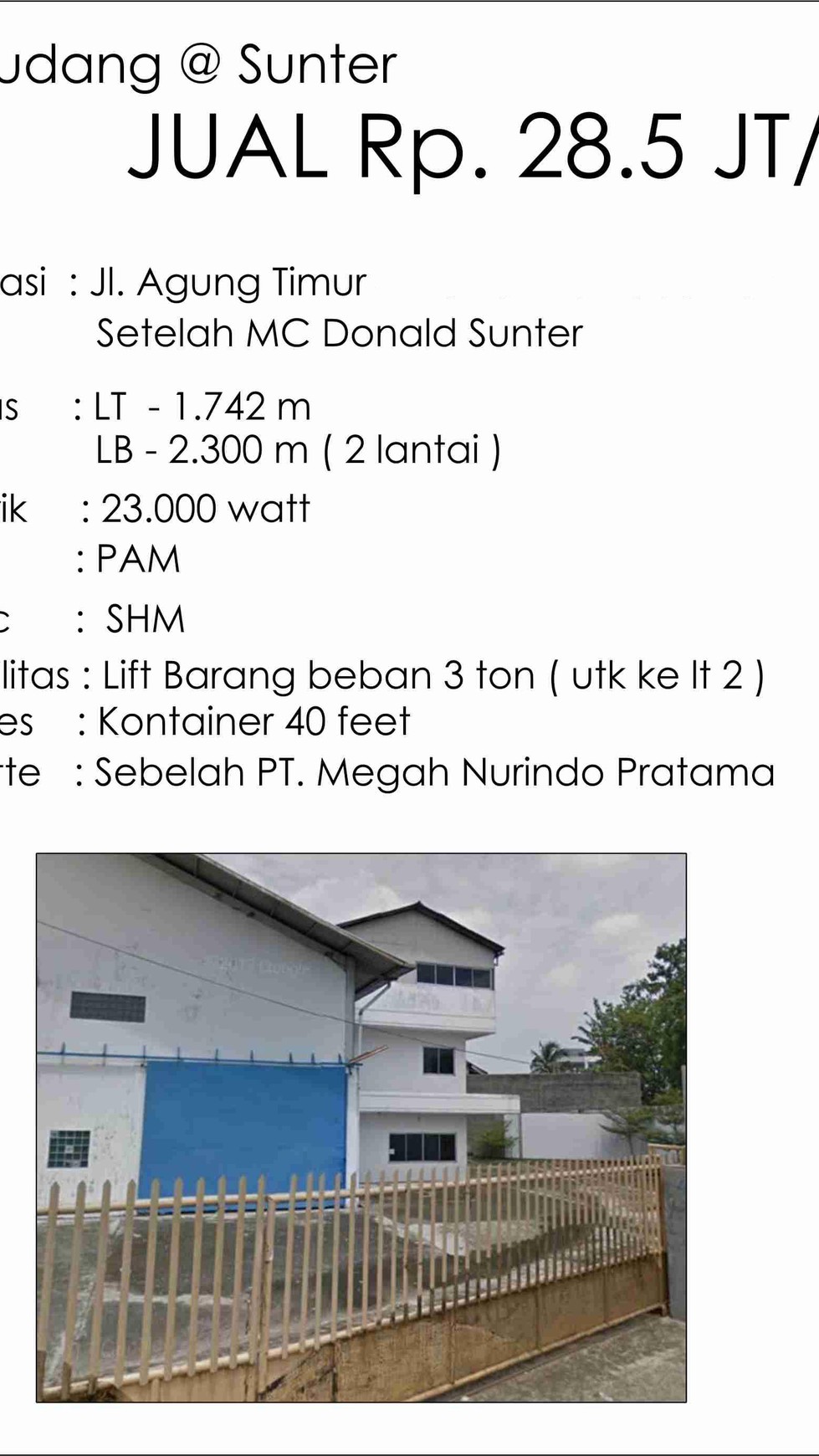 Gudang Luas Tanah 1742 di Sunter Jakarta Utara