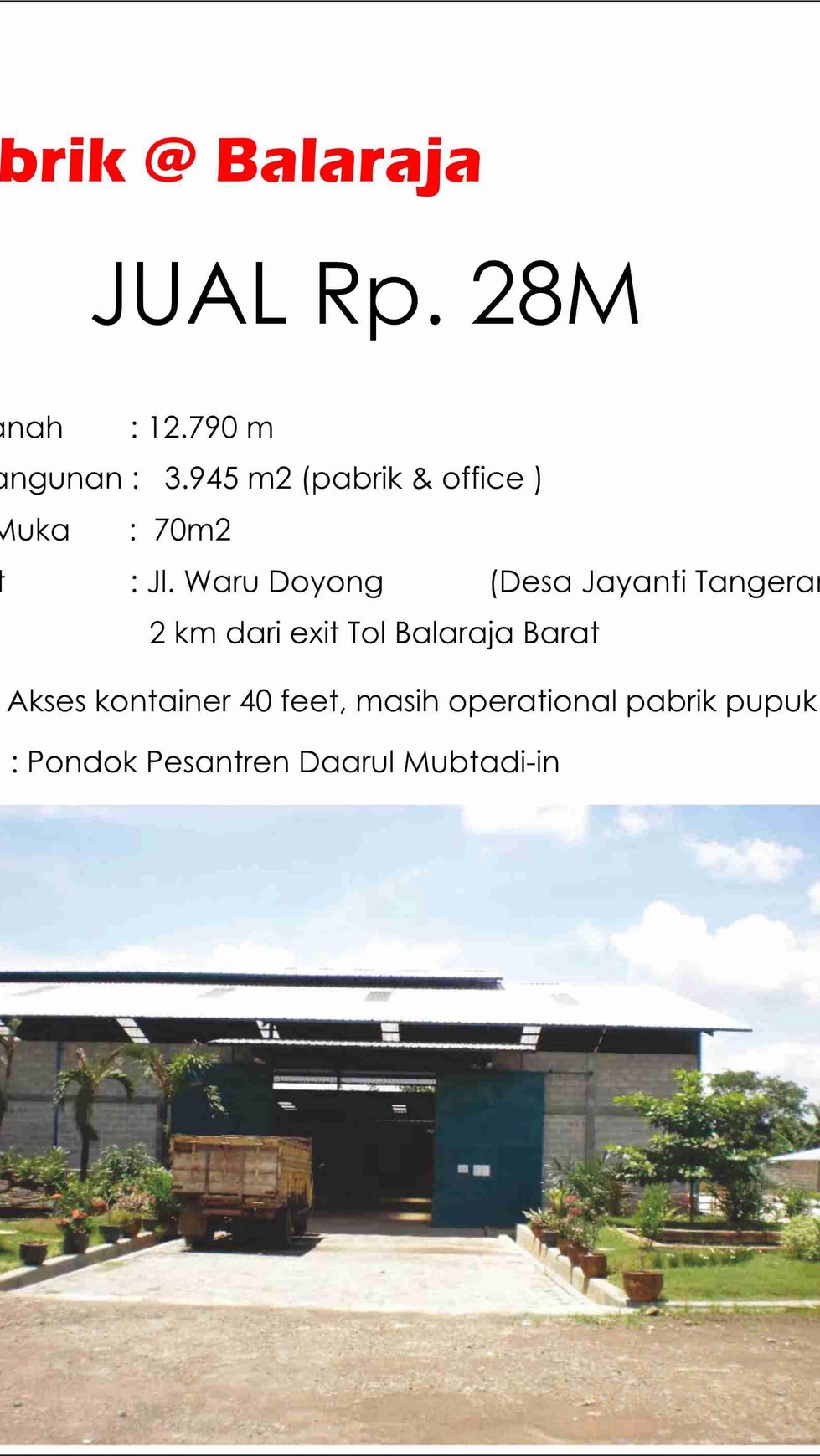 Pabrik/Gudang Baru.cocok buat pabrik besar di Jayanti Balaraja