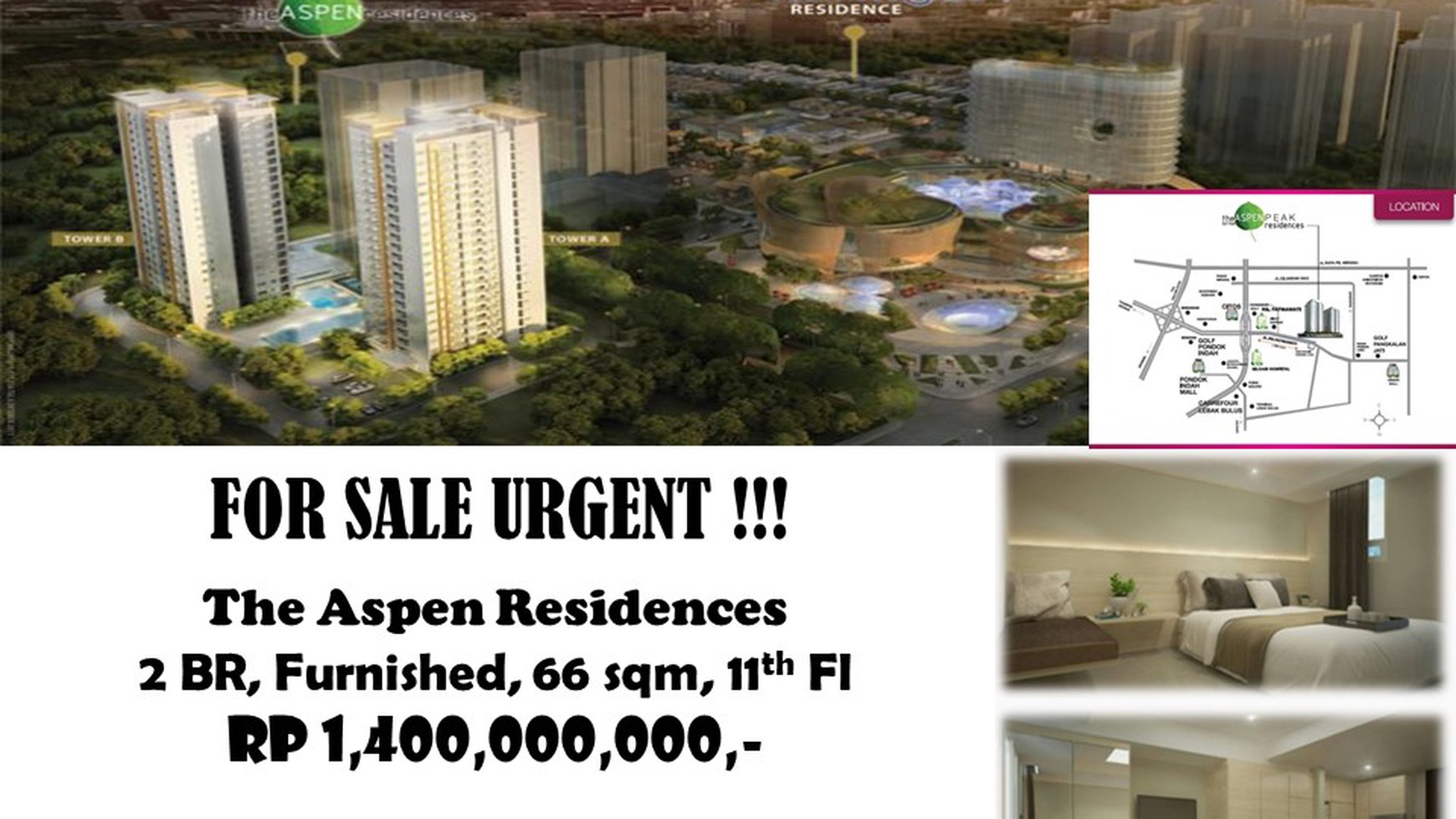 Jual (BU) Apartemen The Aspen Residences di Jakarta Selatan  2 BR Semi Furnished