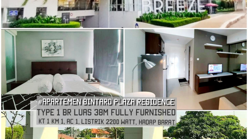 Apartemen Bintaro Plaza Residence, Tower Breeze, 1 BR Fully Furnished harga 5,5Juta/Bulan