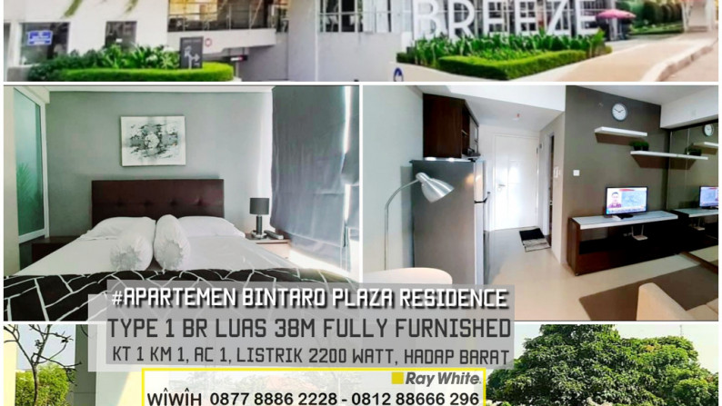 Apartemen Bintaro Plaza Residence, Tower Breeze, 1 BR Fully Furnished harga 5,5Juta/Bulan