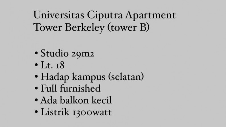 Sewa Apartemen UC (Univ Ciputra) Tower Berkeley 1 BR, Full Furnished, Siap Huni, View Kampus