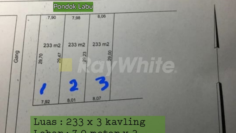 Pondok Labu tanah kavling luas 233 bisa gandeng murah