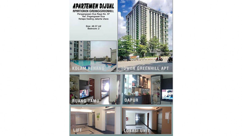 Apartemen Gading Greenhill, Pegangsaan Dua, Kelapa Gading Luas 48m2