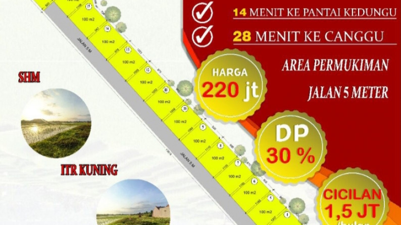 Freehold land 2800 sqm  view rice field closed to Pantai Kedungu , Tabanan