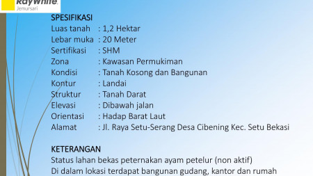 Tanah + bangunan di Raya Setu - Serang Ds. Cibening Bekasi, Luas 1.2 HA (Lebar 20 m2), Cocok untuk usaha Peternakan & Pertanian