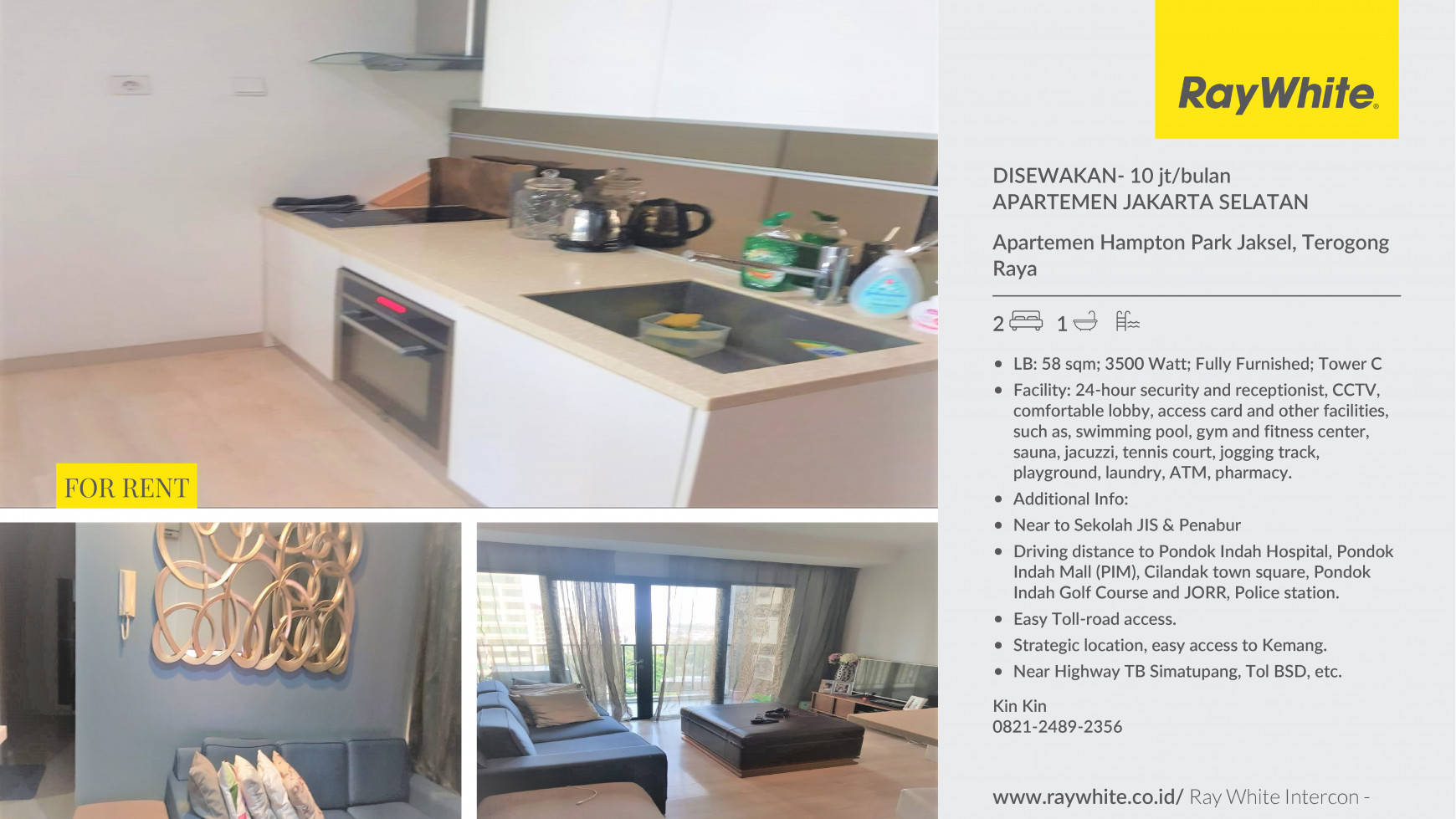 DISEWAKAN TAHUNAN APARTEMEN MEWAH 2 BR FULL FURNISHED HAMPTON PARK DEKAT JIS JAKARTA SELATAN