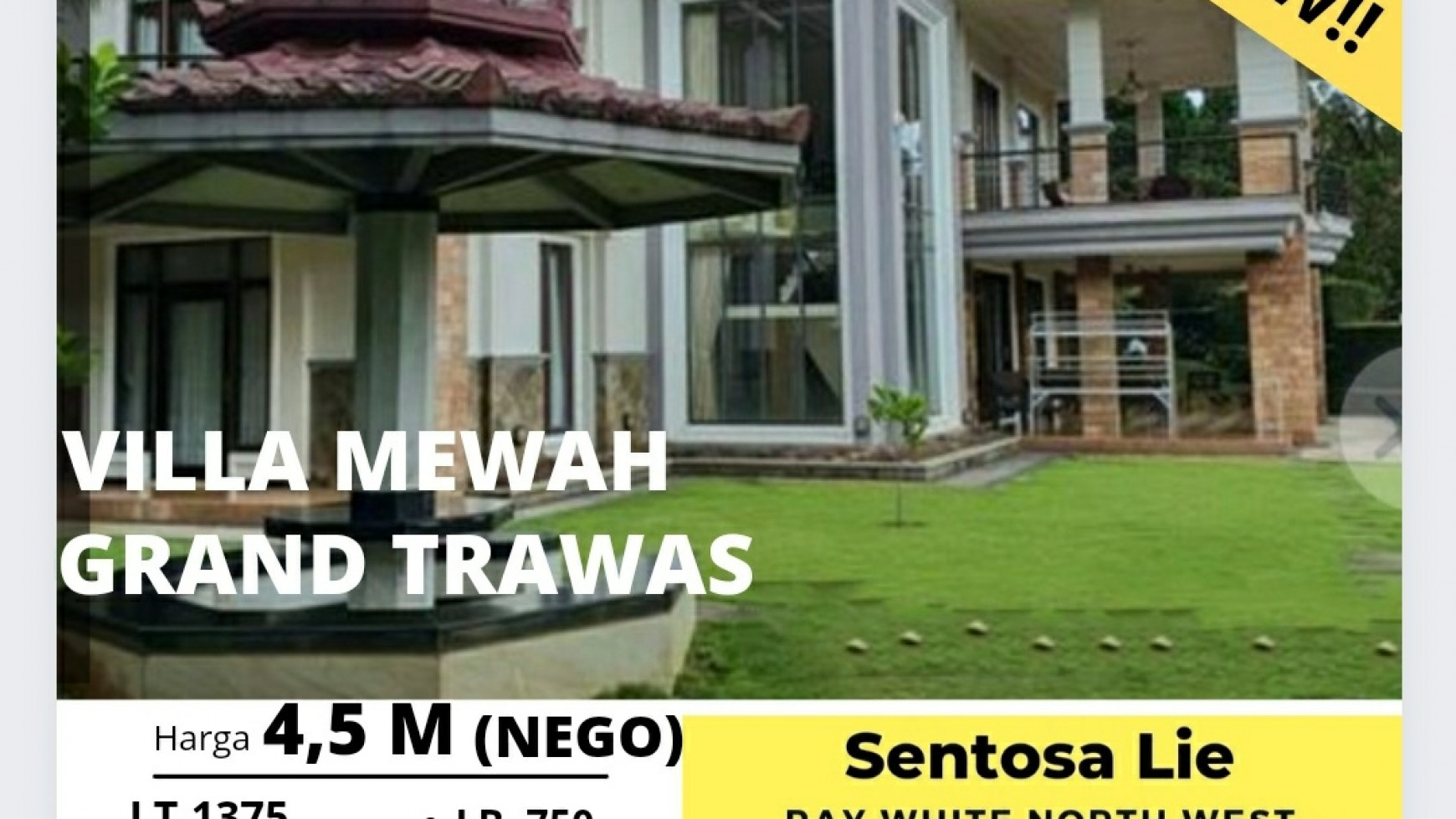 Dijual Villa Grand Trawas - Mewah 2 lantai - Luas 1375 m2 + Jacuzzi - Taman Asri LUAS - SHM