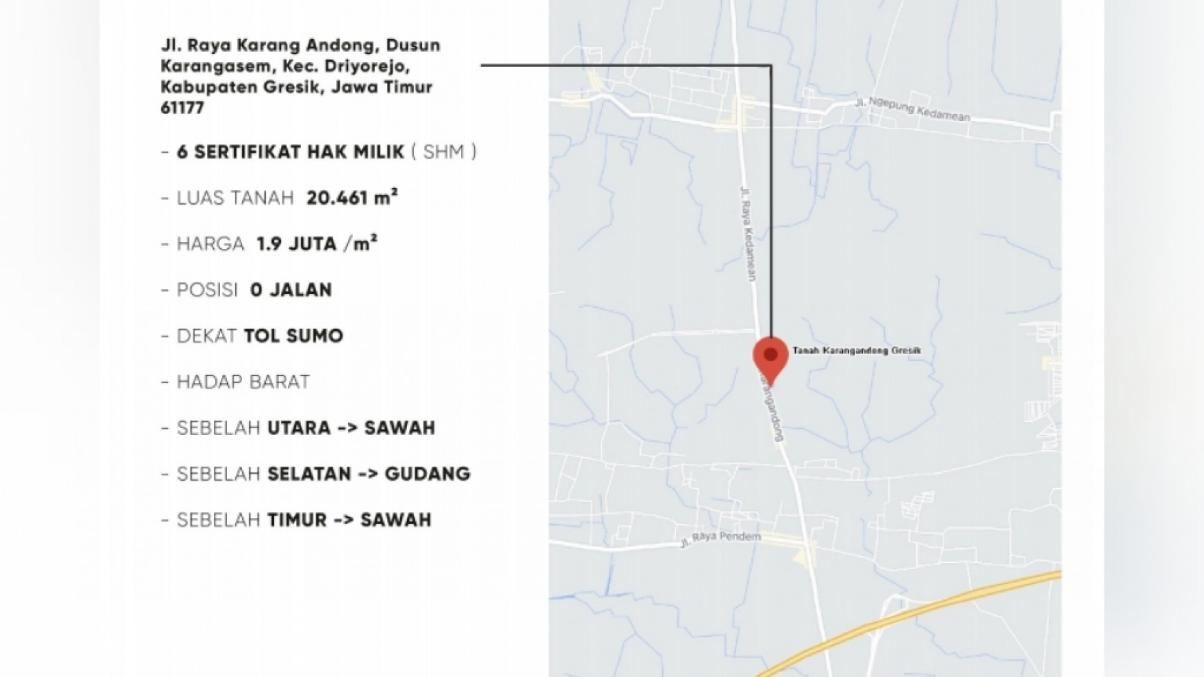987. Dijual murah Tanah di Nol Jalan Karang Andong, dusun Karang Asem, Driyorejo, Gresik