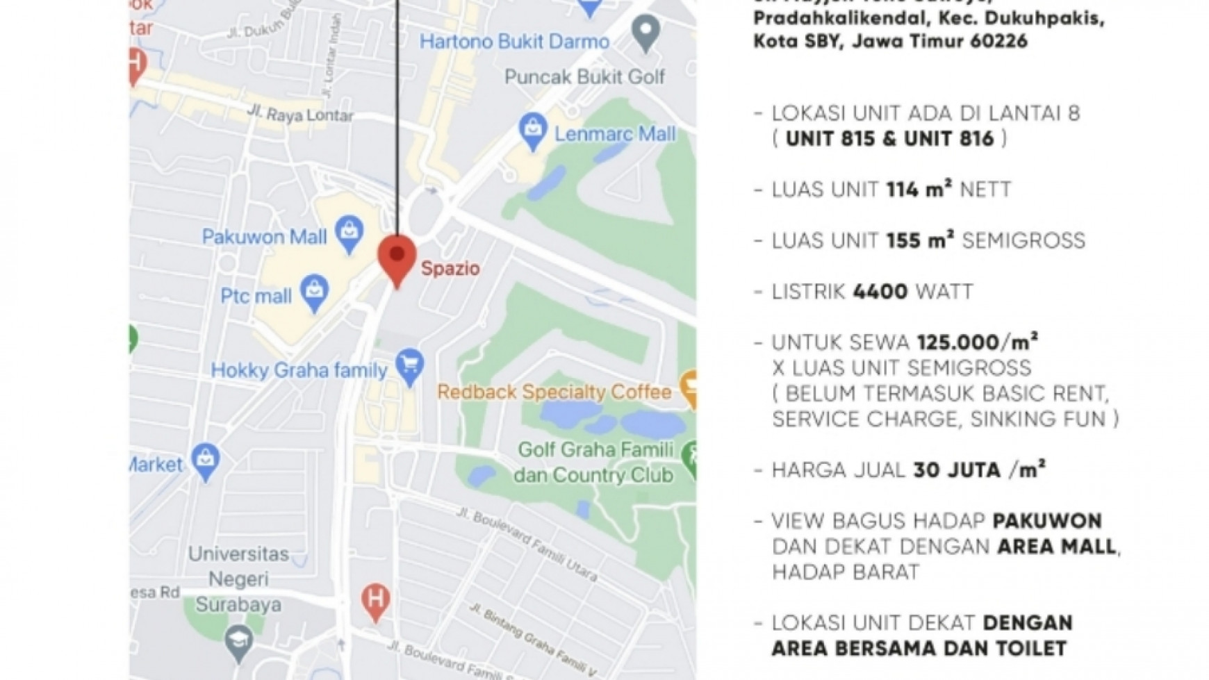 989. Dijual murah Perkantoran Office @Spazio Jl MayJend Yono Suwoyo, Dukuh Pakis Surabaya Barat