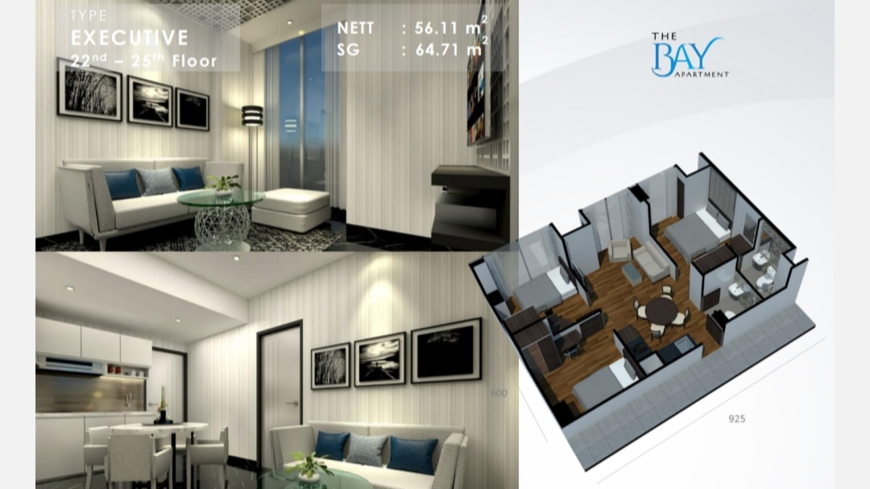 Apartemen 3 Kamar Tidur Tipe Executive di The Bay Apartement