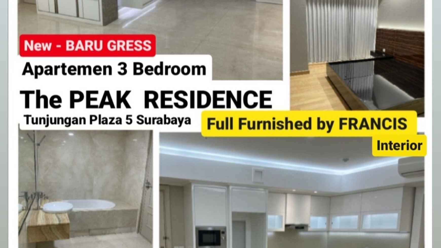 Dijual Apartemen The Peak Residence Tunjungan Plaza 5 - Tipe 3 Bedroom + Full FURNISHED New By FRANCIS Interior- Siap Huni 