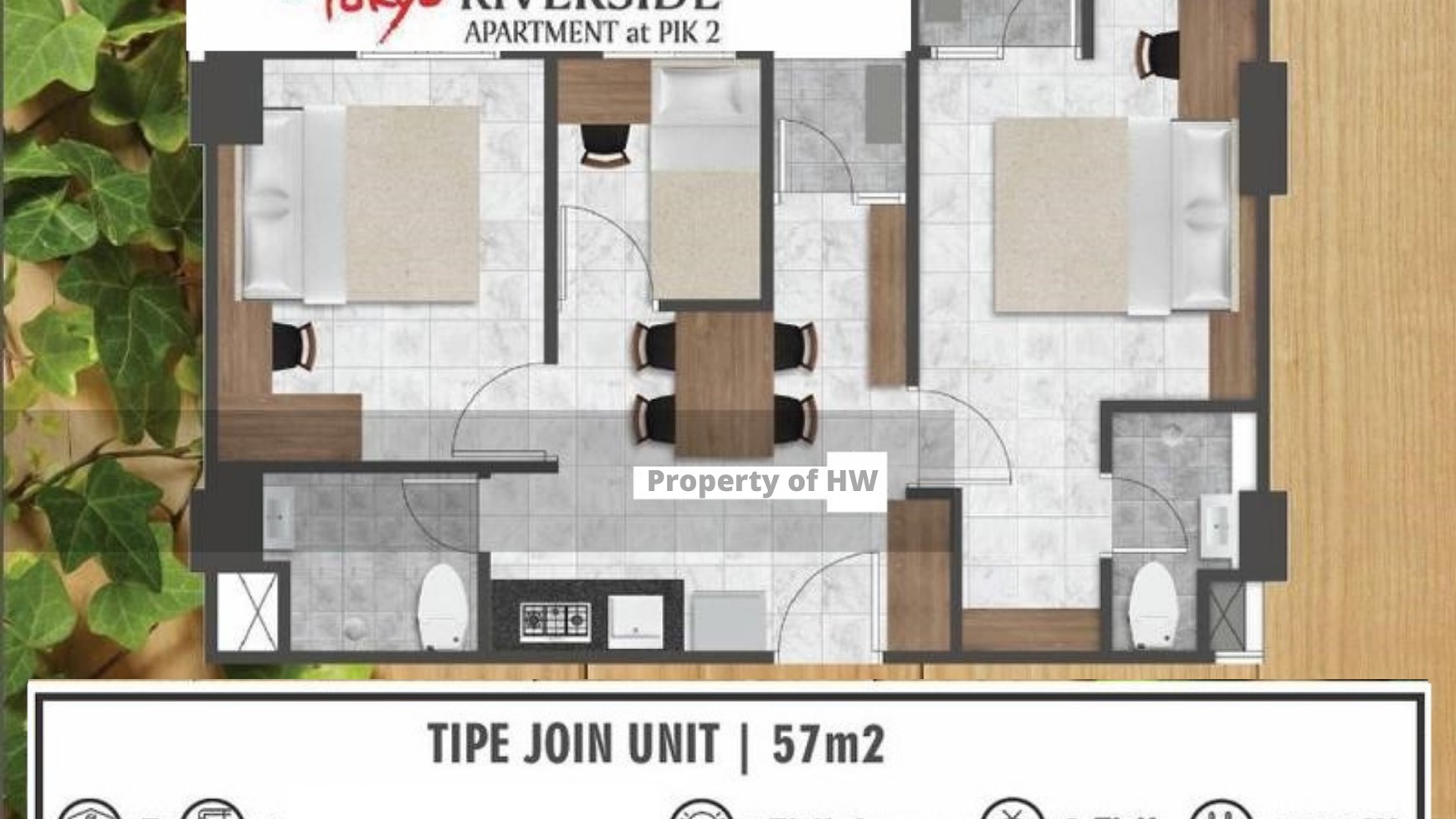 Di Sewakan Unit Apartemen Tokyo Riverside (3 Kamar Tidur)-57m2