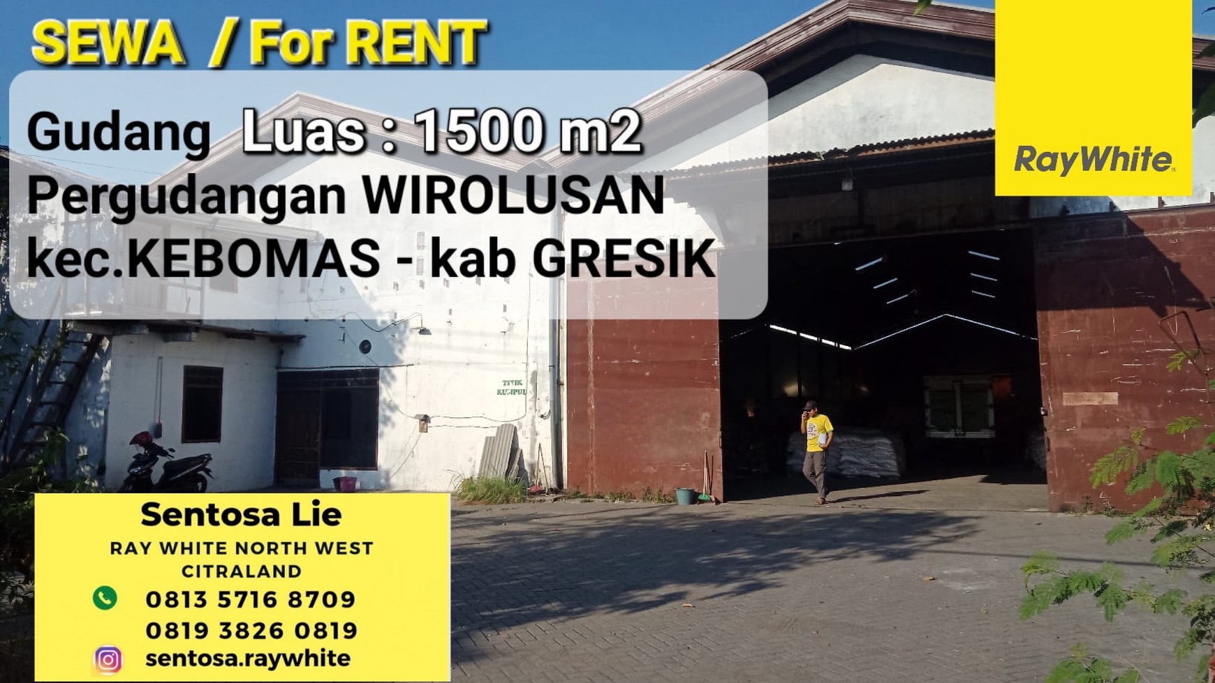 Disewakan 1500 m2 Gudang Wirolusan + Ada Kantor - Kec.Kebomas - Kab.Gresik - Jawa Timur