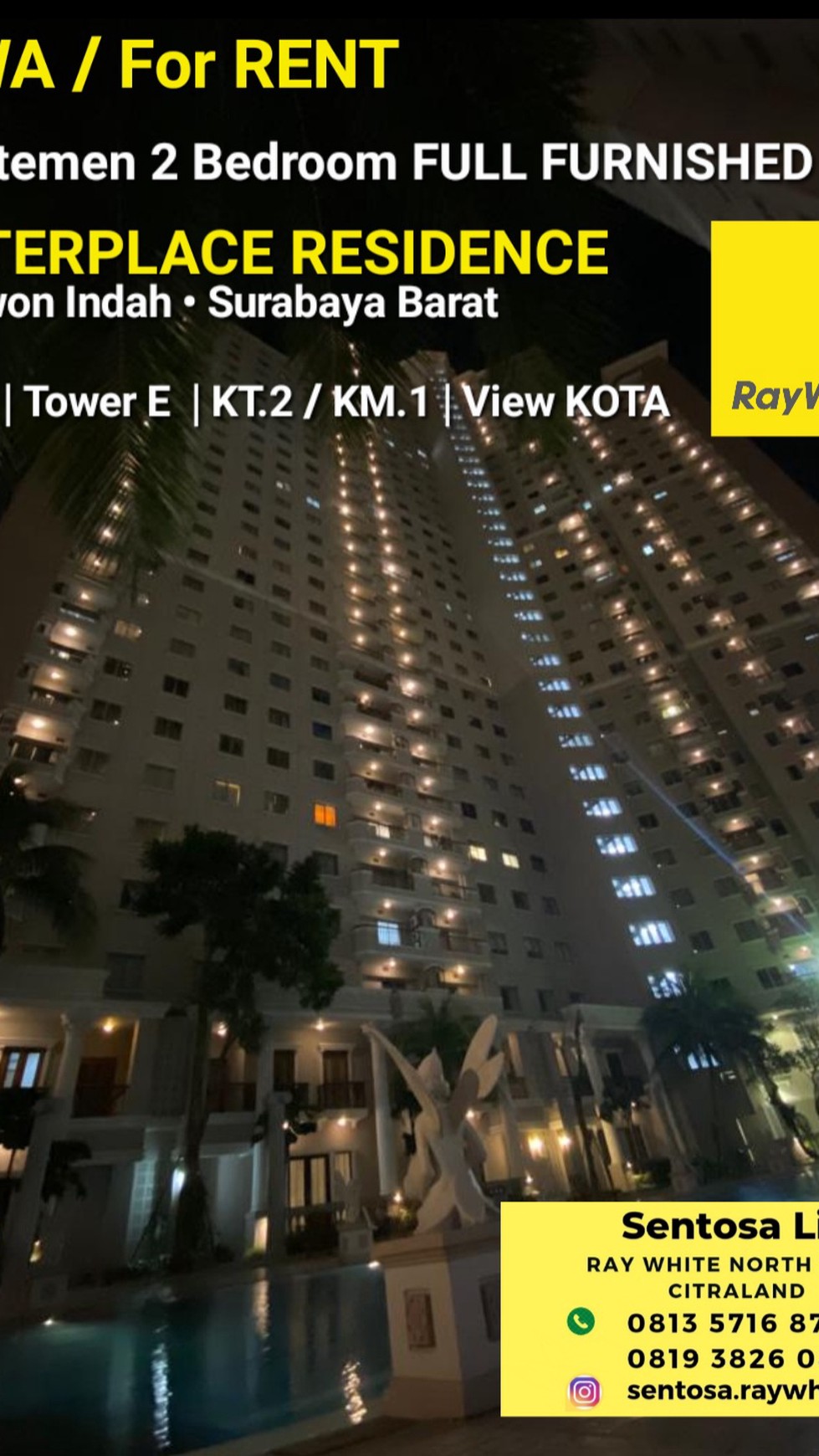 Disewakan Apartemen Waterplace Residence 2 Bedroom Full Furnished Tower E Selangkah ke Pakuwon Mall, PTC , Supermall 