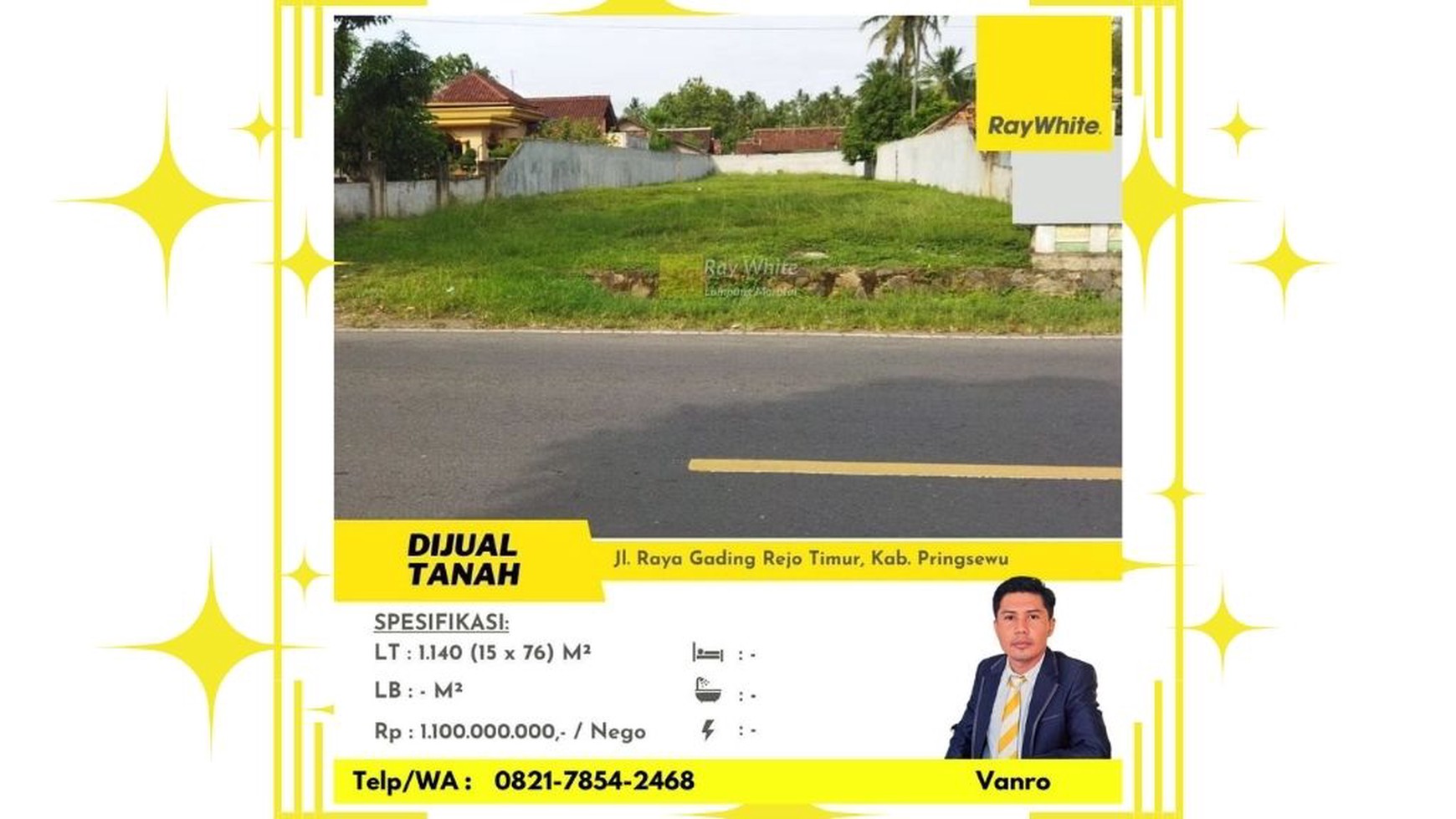 Tanah 1140 m2 pinggir jalan raya Gading Rejo Timur Pringsewu