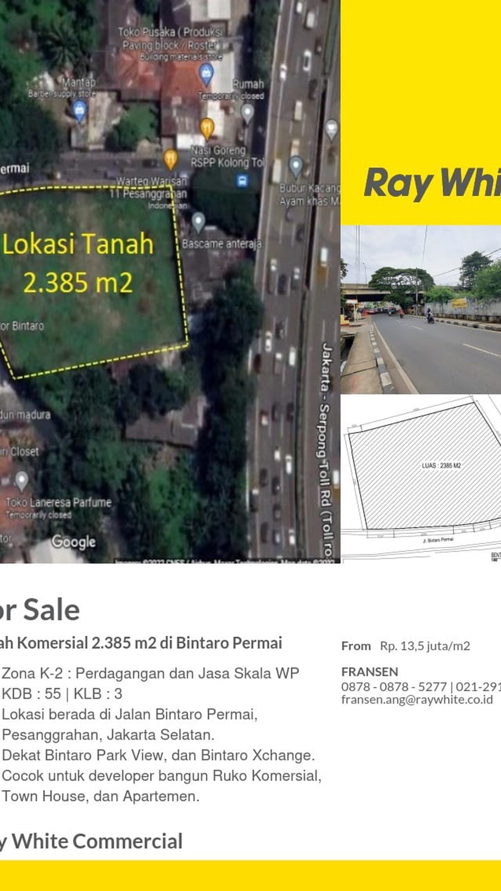 Tanah komersial 2300 m di Bintaro Permai Raya, Jakarta Selatan