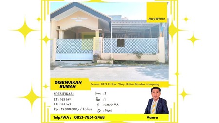 Rumah Sewa 3 Kamar Tidur di Way Halim