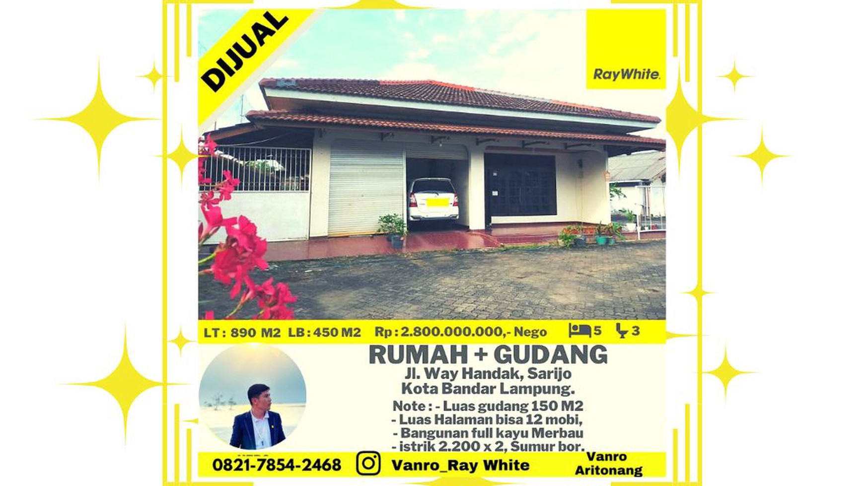 Rumah 5 Kamar Tidur + Gudang 150m2 di Teluk Betung Utara