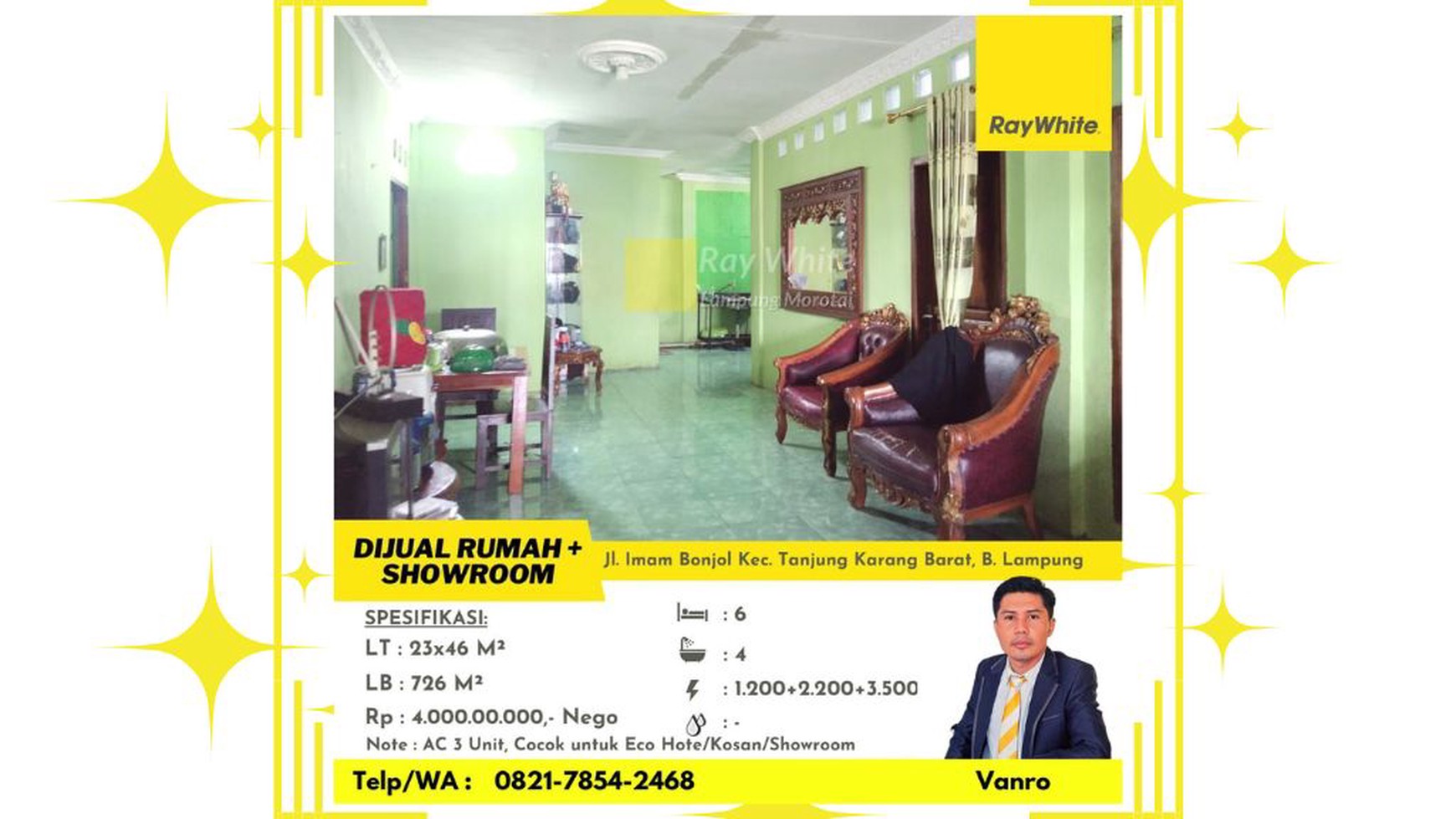 Rumah & Showroom di jalan Imam Bonjol Langkapura Tanjung Karang Barat