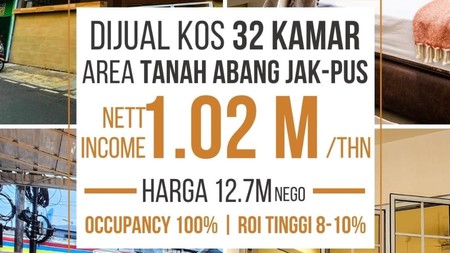 Kos2an Ekslusif 32 kamar di Kebon Kacang, Jakarta Pusat, dekat Plaza Indonesia  ROI 8-10%, good invest!