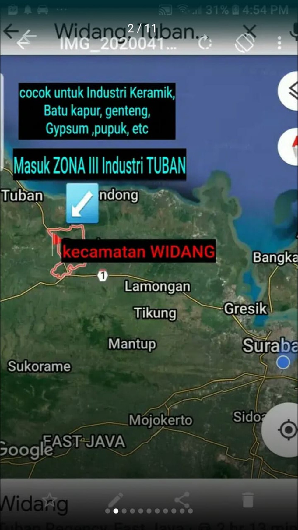 Tanah di Jl. Nasional Mrutuk Utara, Kel.Mrutuk Kec.Widang Kab.Tuban, Luas 4 HA, masuk Zona III Industri Tuban 