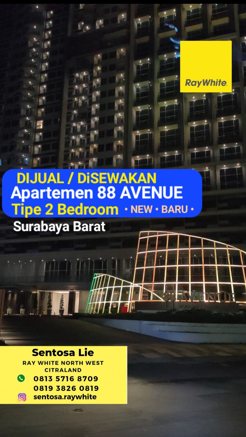 Dijual Apartemen 88 Avenue - Tipe 2 Bedroom - BARU - Raya Darmo Permai Surabaya Barat.