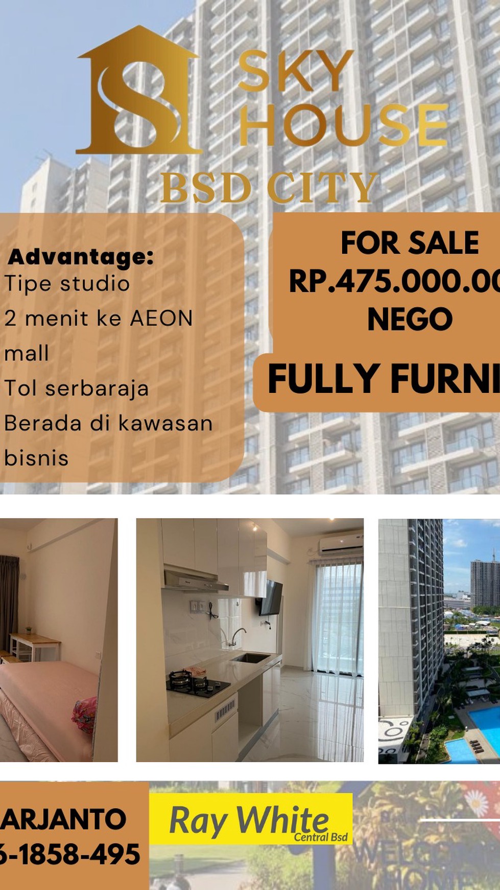 Dijual Apartement Sky House type Studio fully furnished di Central BSD