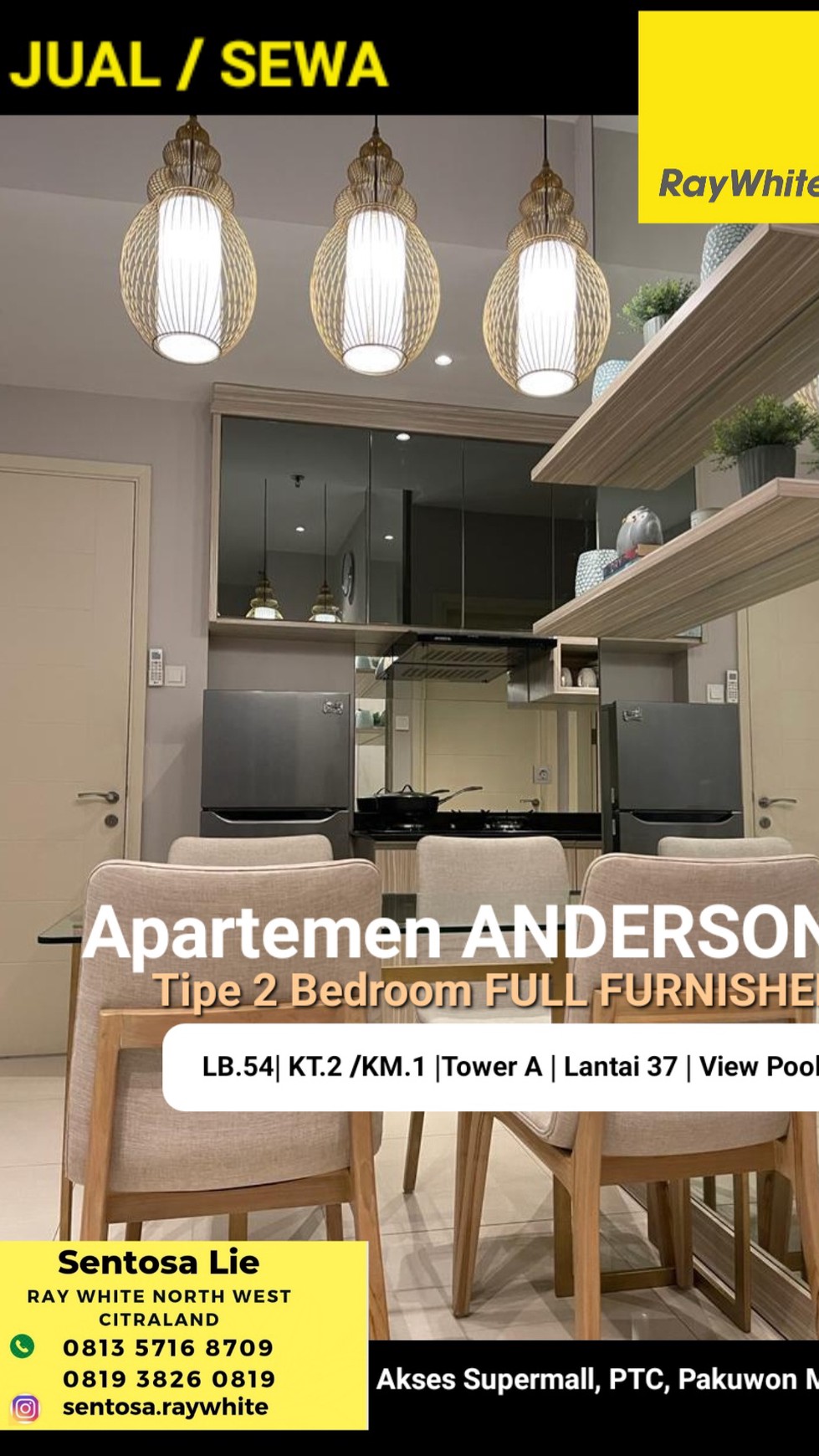 Dijual Apartemen Anderson Tipe 2 Bedroom Full Furnished Modern Tower A , Akses Pakuwon Mall, Supermall , PTC 