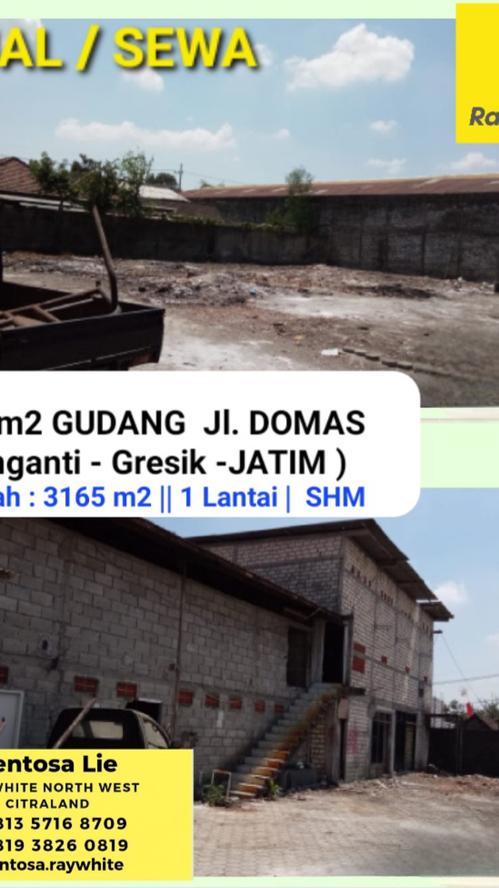 Dijual / Disewakan 3165 m2 Gudang Domas - Menganti - Gresik - JATIM