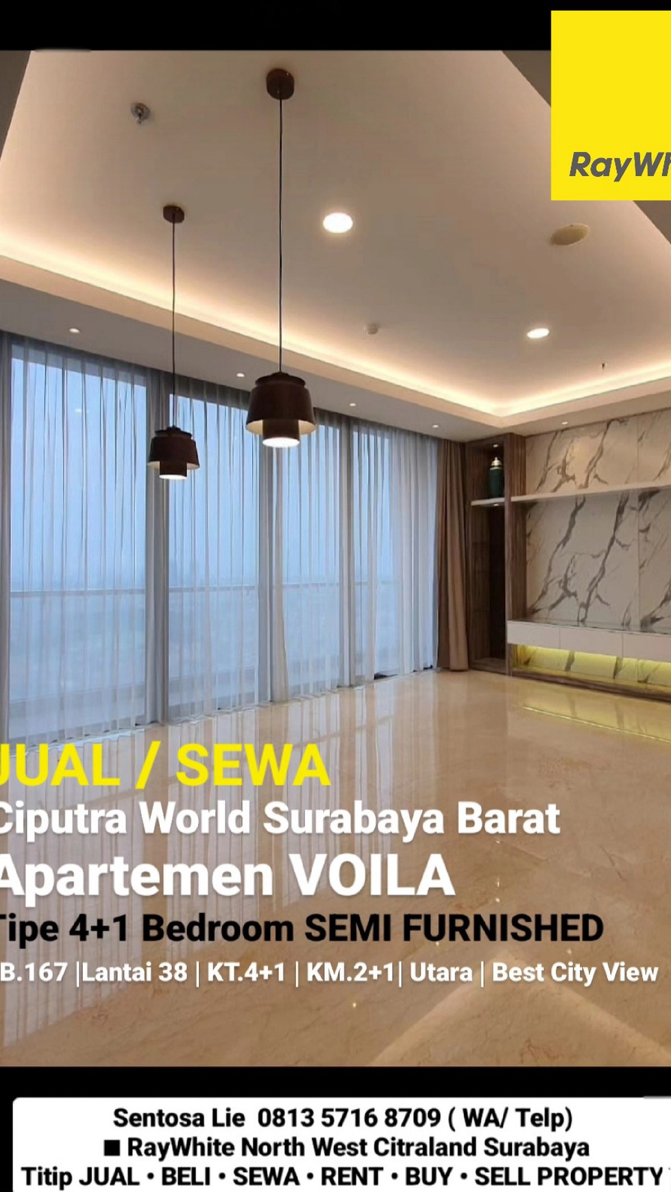 Disewakan Apartemen Voila Ciputra World Tipe 4+1 Bedroom SEMI FURNITURE Mewah , Best City View , Lantai 38