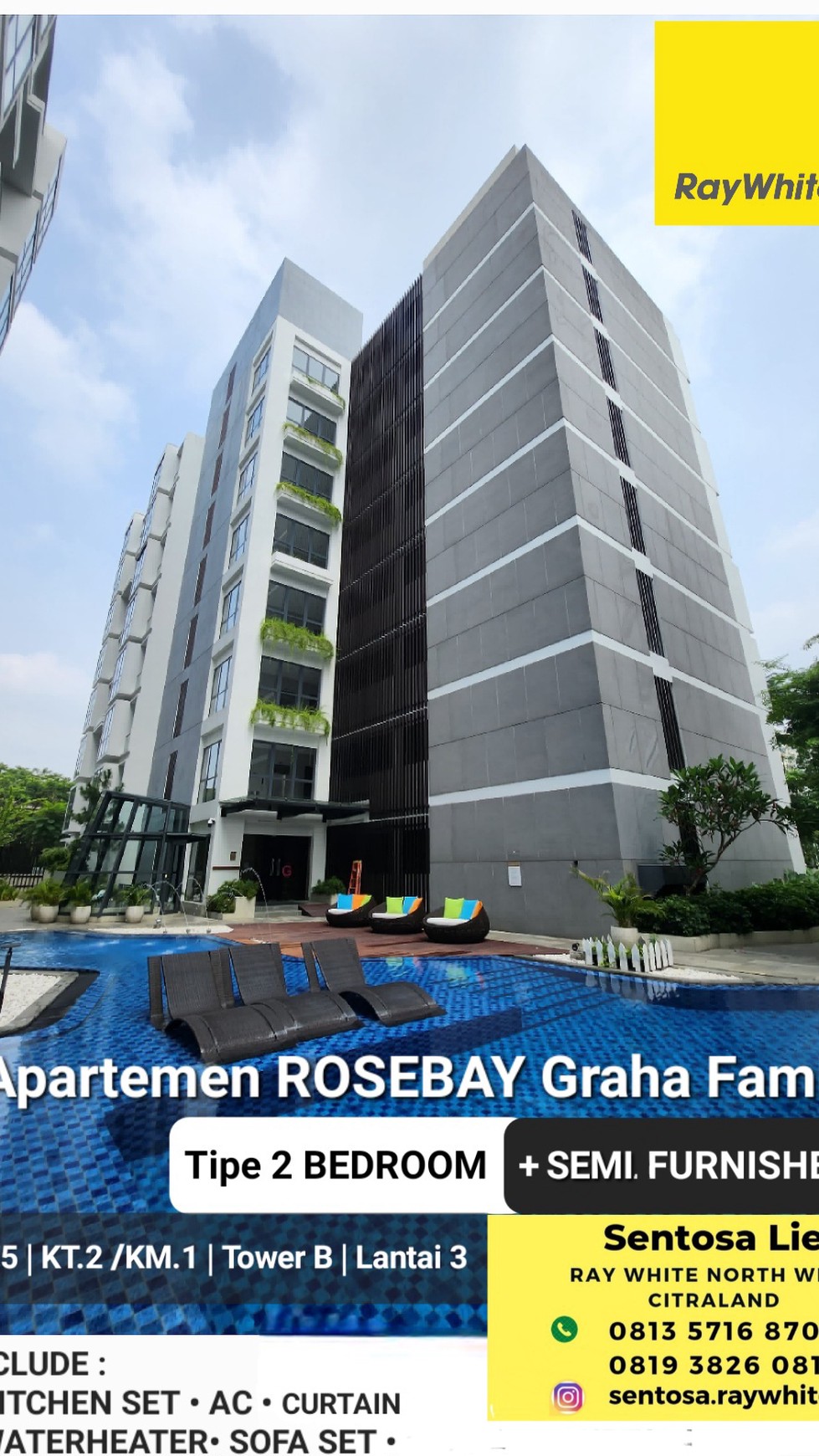 MURAH Dijual Apartemen Rosebay Graha Family 2 Bedroom FULL FURNISHED Tower B Lantai 3 Best City View dekat Pakuwon Mall, National Hospital