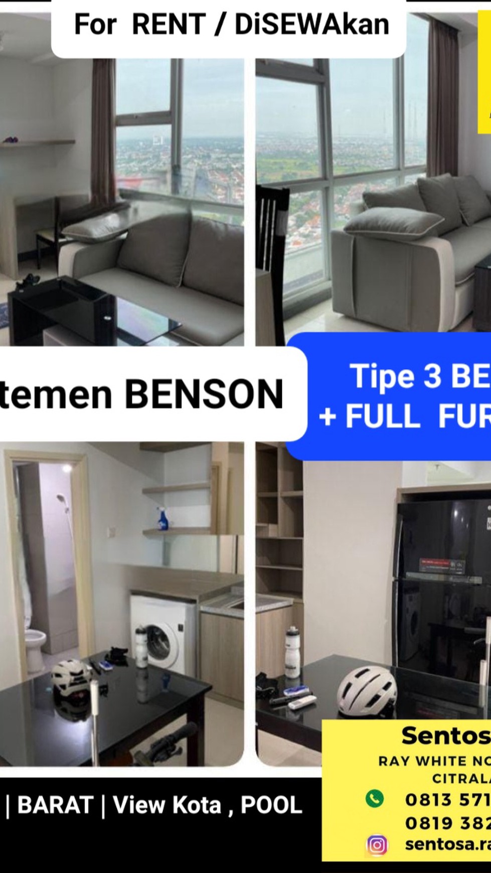 Disewakan Apartemen Benson Tipe 3 Bedroom FULL FURNISHED Modern Best View Akses Pakuwon Mall, PTC, Supermall Surabaya Barat