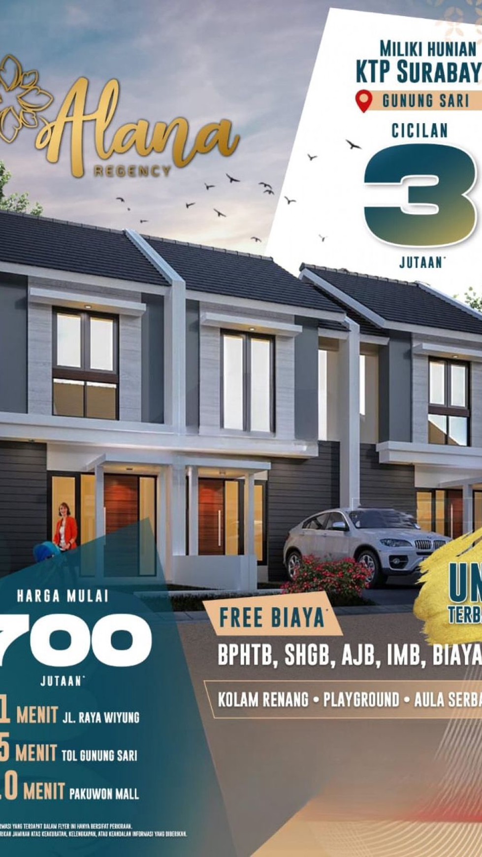 Rp.700 jt-an Rumah Alana Regency Gunung Sari Surabaya Barat - 1 Menit ke Wiyung , 10 menit ke PTC, Pakuwon Mall