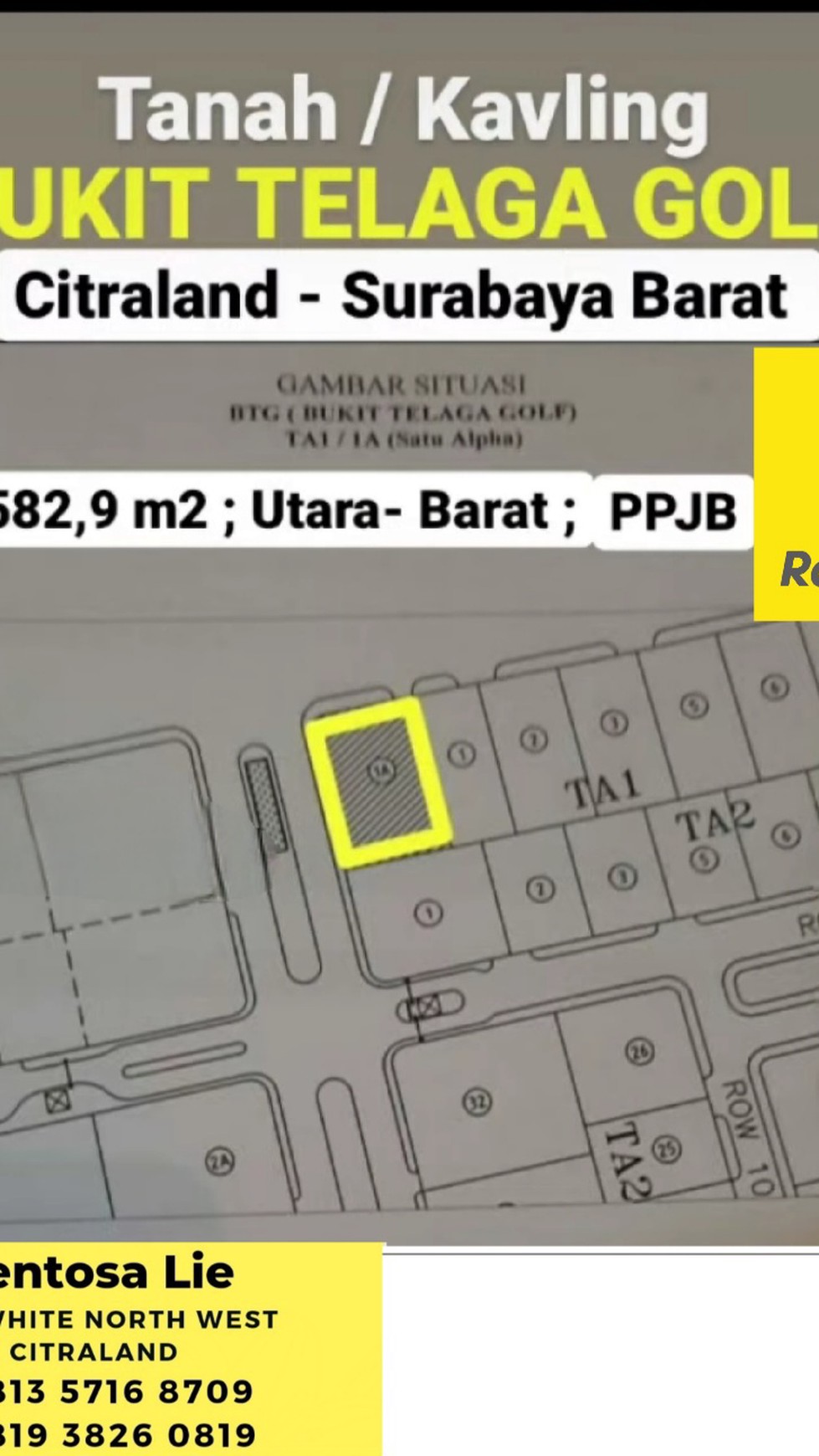 Ter-MURAH Rp.12 juta/m2 Tanah Kavling Bukit Telaga Golf Citraland Surabaya Barat SPESIAL Row Jalan KEMBAR