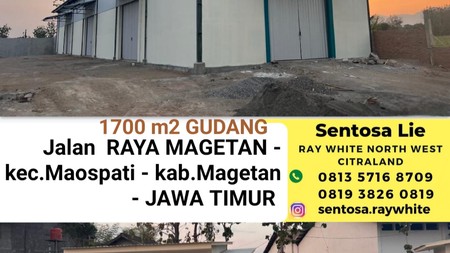 Disewakan 1700 m2 Gudang Raya Magetan - Kec.Maospati - Kab.Magetan JATIM - Kondisi Baru plus Ruang Kantor Siap Pakai dekat Ngawi - Madiun 