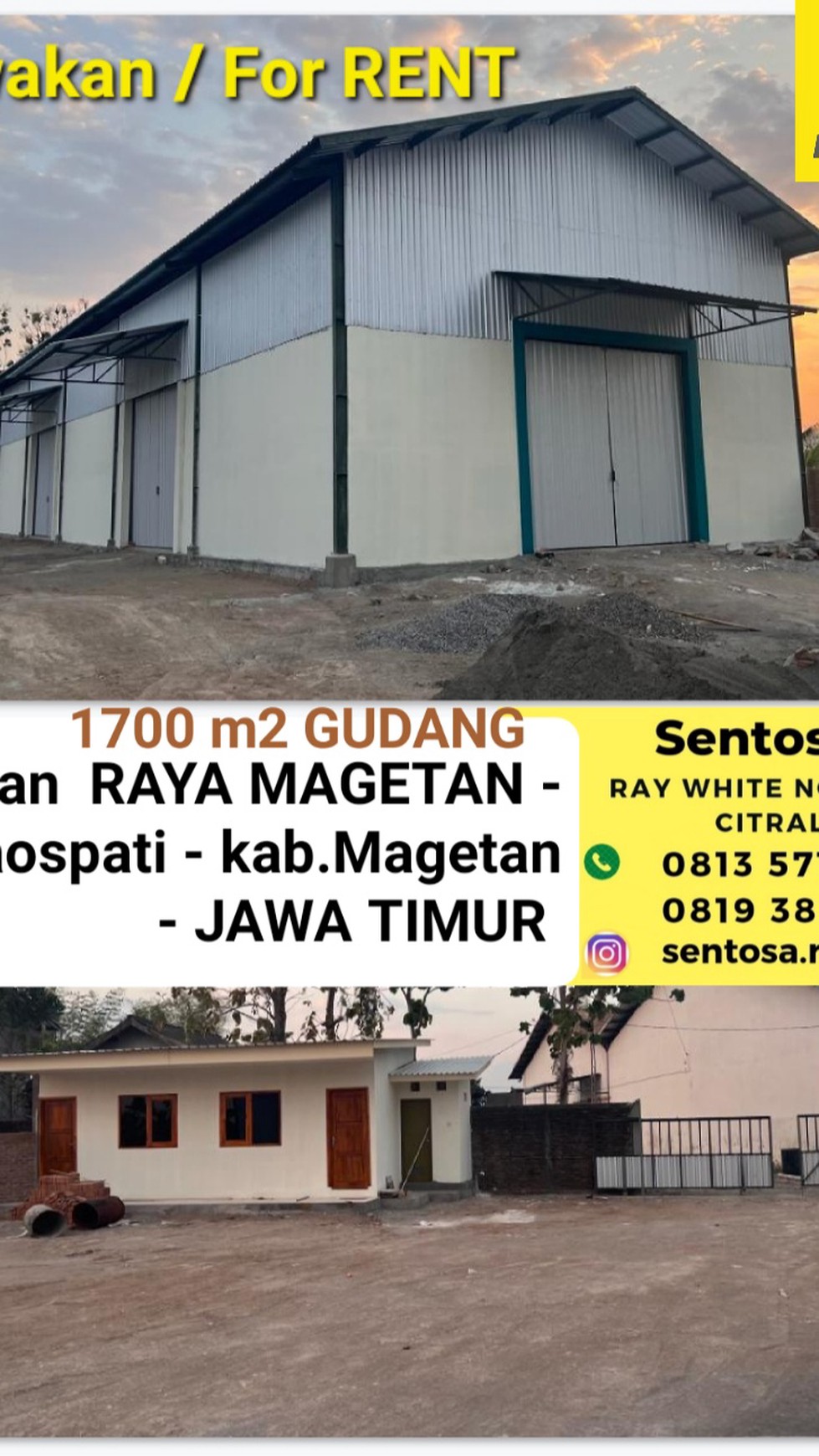 Disewakan 1700 m2 Gudang Raya Magetan - Kec.Maospati - Kab.Magetan JATIM - Kondisi Baru plus Ruang Kantor Siap Pakai dekat Ngawi - Madiun 