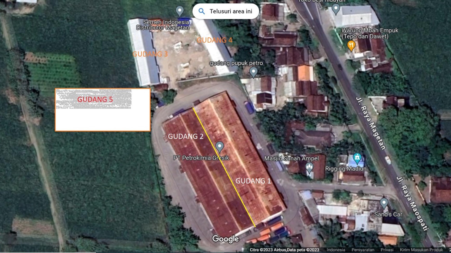 Disewakan 6000 m2 Gudang Raya Magetan - Raya Maospati - Kab.Magetan JATIM - Kondisi Baru plus 2 Ruang Kantor Siap Pakai dekat Ngawi - Madiun 