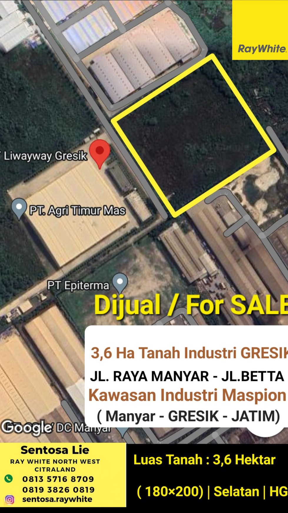 Dijual 3,6 Ha Tanah Industri Jalan Raya Manyar - Betta Ii Kawasan Industri Maspion Gresik Jawa Timur 