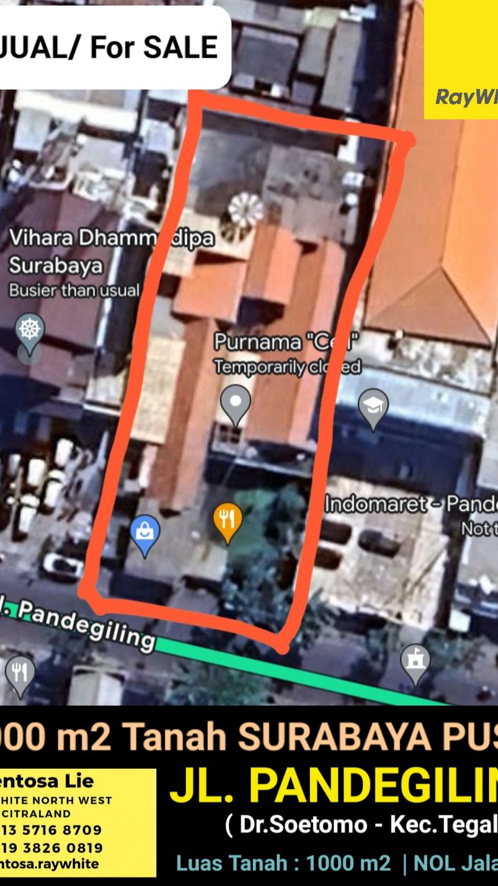 MURAH Rp.15 jt/m2 Dijual 1000 m2 Tanah Surabaya Pusat di Jalan Pandegiling dekat Jl.Kartini , Jl.Diponegoro, Jl.Teuku Umar cocok buat Segala Usaha