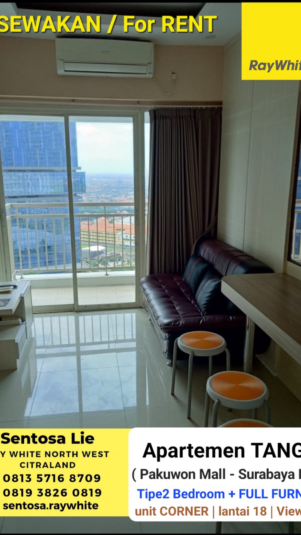 Disewakan Apartemen Tanglin Tipe 2 Bedroom FULL FURNISHED Lantai 18 View Kota - Akses Pakuwon Mall