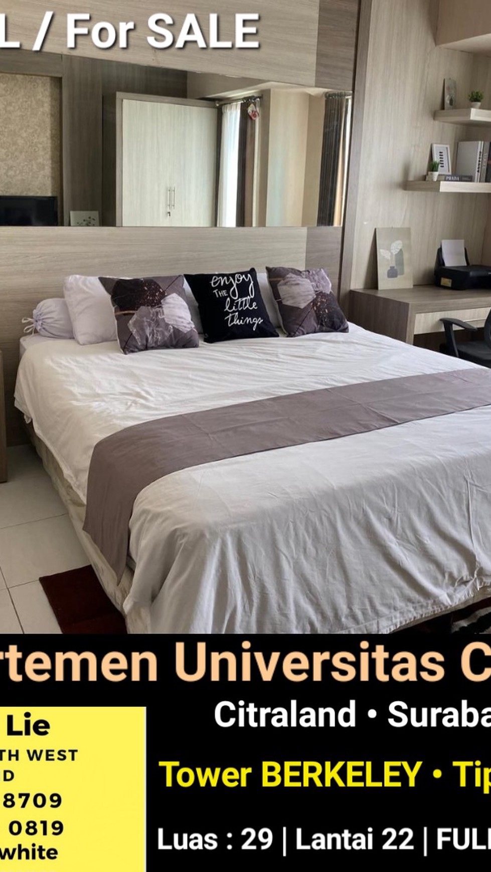 Dijual Apartemen Universitas Ciputra UC Berkeley Tipe Studio BONUS FULL FURNISHED Modern Lantai 22