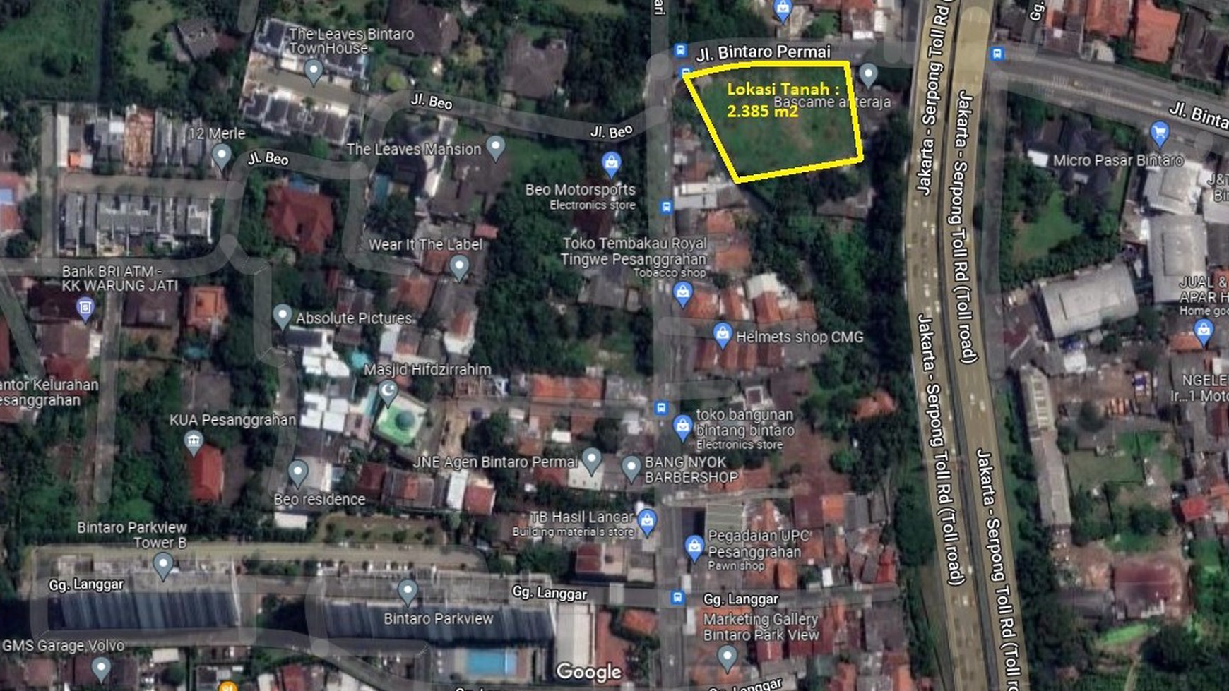 Dijual Tanah Komersial 2.385 m2 di Bintaro Permai, Pesanggrahan, Jakarta Selatan