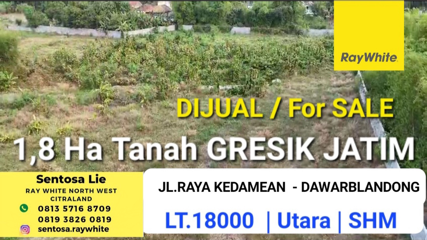 Dijual 1,8 Ha Tanah Gresik JATIM - Jalan Raya Kedamean- Dawarblandong - SHM  - Nol Jalan RAYA cocok buat Pegudangan , Perumahan 