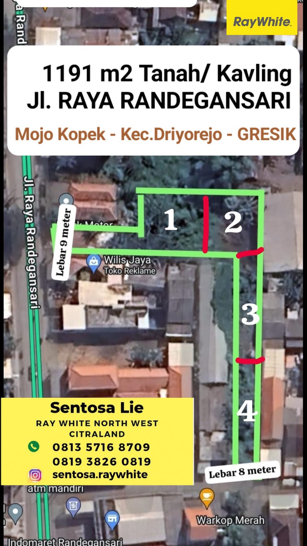 Dijual / Disewakan 1191 m2 Tanah Raya Randegansari - Mojo Kopek - Mulung - Driyorejo - GRESIK Jatim - 2 AKSES Keluar MASUK 