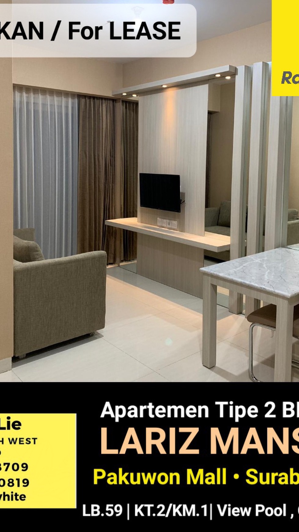 Disewakan Apartemen La Riz Mansion Pakuwon Mall - Tipe 2 Kamar Tidur FULL Furnished 